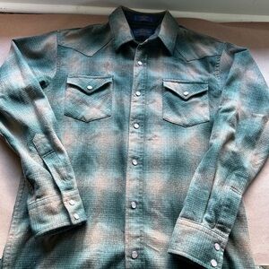 Pendleton Blue and Green Wool Blend Shirt pearl buttons